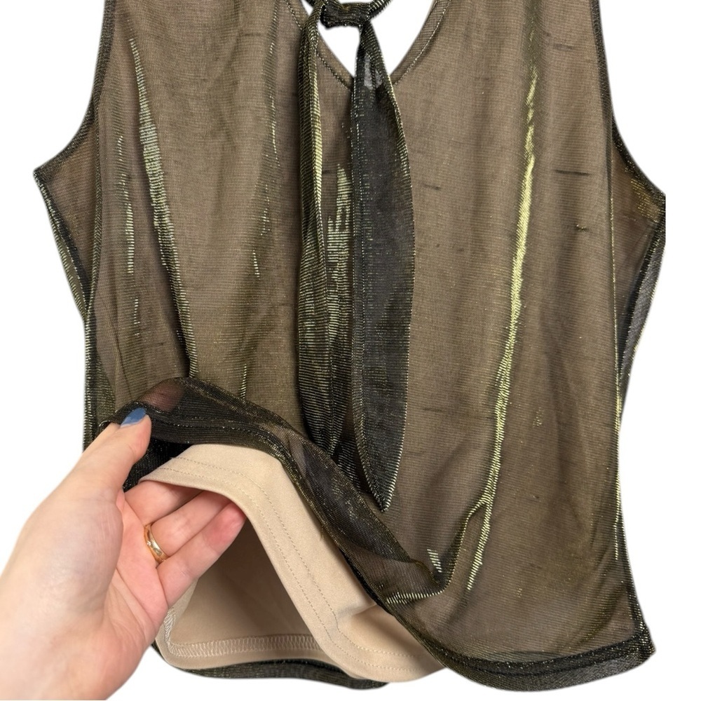 Vintage 80s Tie Neck Sleeveless Top Size Small Gold Metallic - Picture 5 of 7